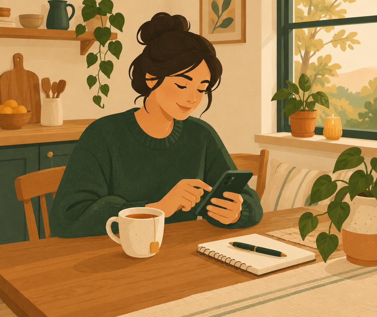 A person completing a simple remote task on their phone at the kitchen table